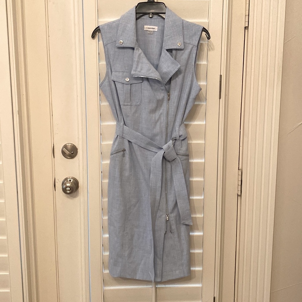 Calvin Klein Women’s Light Blue Sleeveless Sheath Dress Moto Zippers Size 10